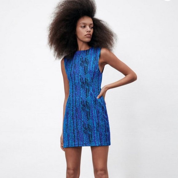 NWT ZARA MINI DRESS TEXTURED Blue Green Black M Mod Contemporary - Picture 1 of 12
